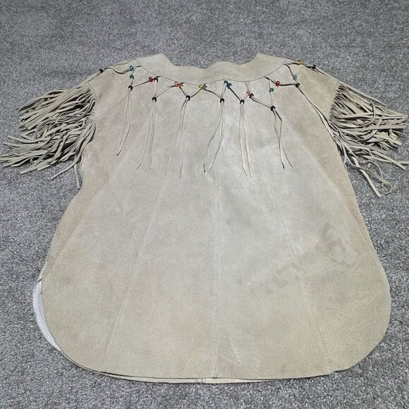 Pioneer Wear Fringe Beaded Tan Ivory Leather Women's Top Size 10 Cowgirl Western - Picture 9 of 13